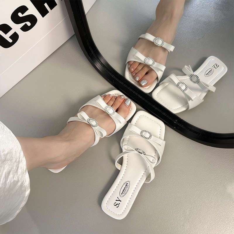 2025 summer new outer wear beautiful square head open-toed cool slippers fairy bow word flat slippers woman