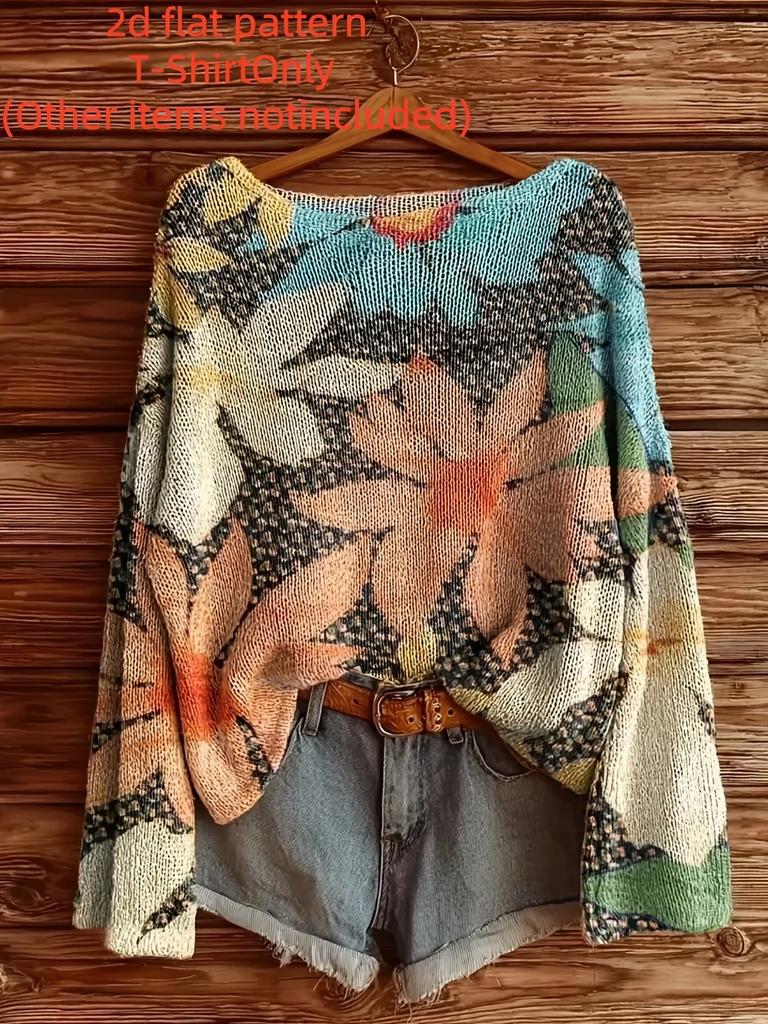 Four Seasons Fashionable Pullover Long Sleeve Women's Tops Flower Pattern Flat Digital Printing Trendy Women's Clothing for Women
