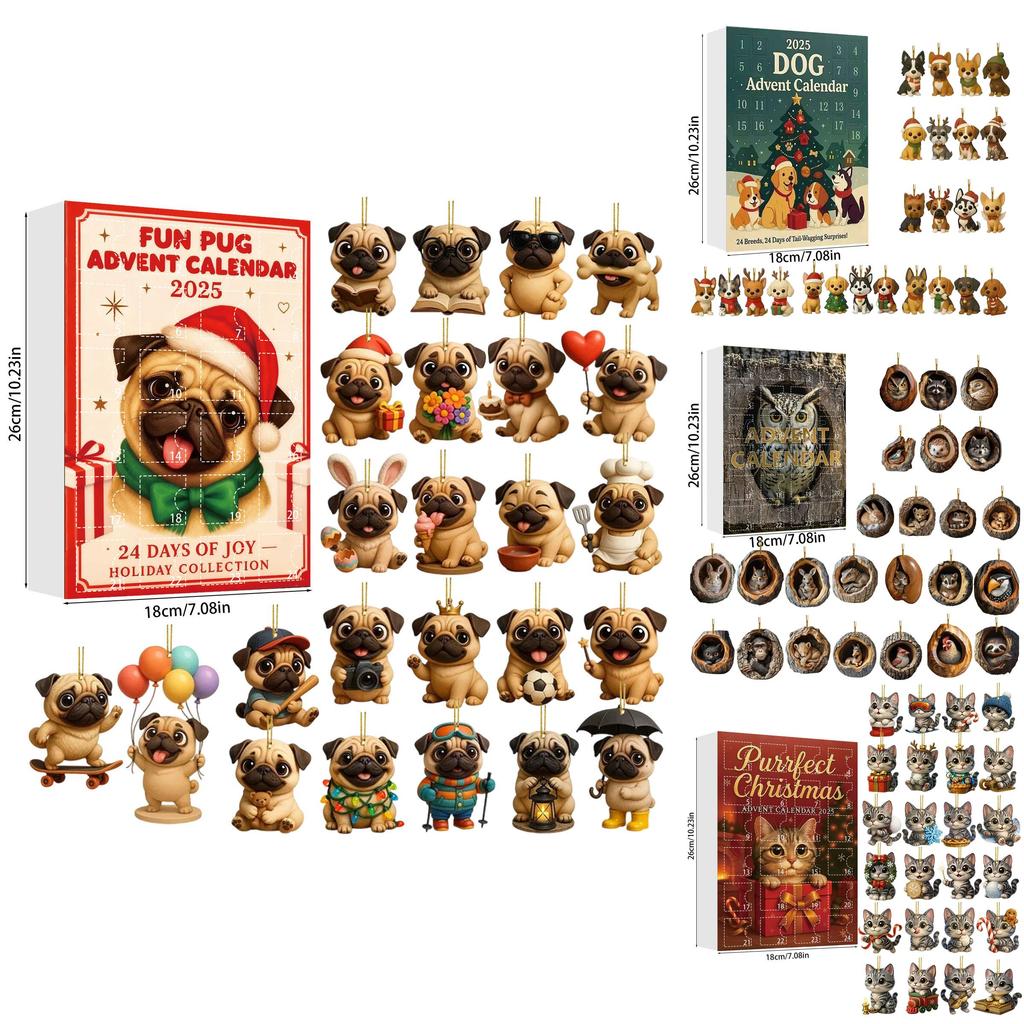 Calendario dell'Avvento in Acrilico con Pug, Gatto, Cavallo, Corgi e Animali, con 24 Decorazioni per Scambio di Regali Natalizi