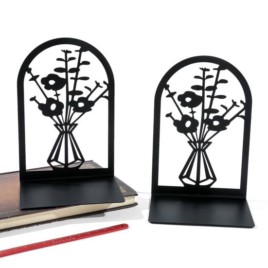 2 Stück Bücherregal-Buchstützen, hohle Blumen, geschnitztes Muster, Vase, Buchstützen, L-förmiges Design, rutschfester Buchhalter