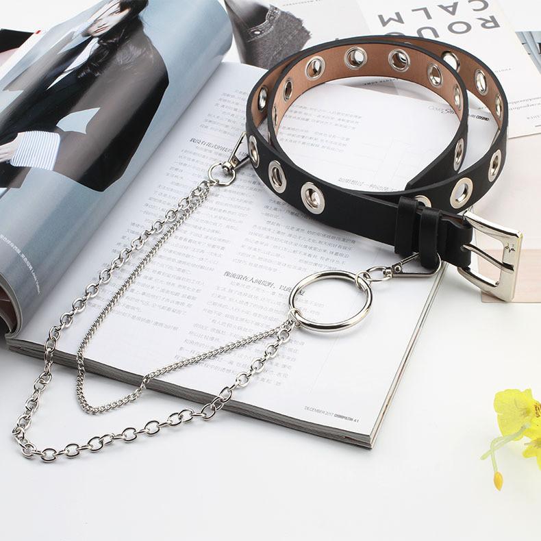 Punk Style Chain Leather Belt With Metal Buckle For Casual Men Women Fashion Accessory