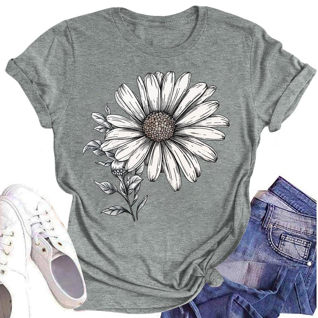 Lässiges T-Shirt für Damen mit Rundhalsausschnitt, Blumendruck, kurzärmelig