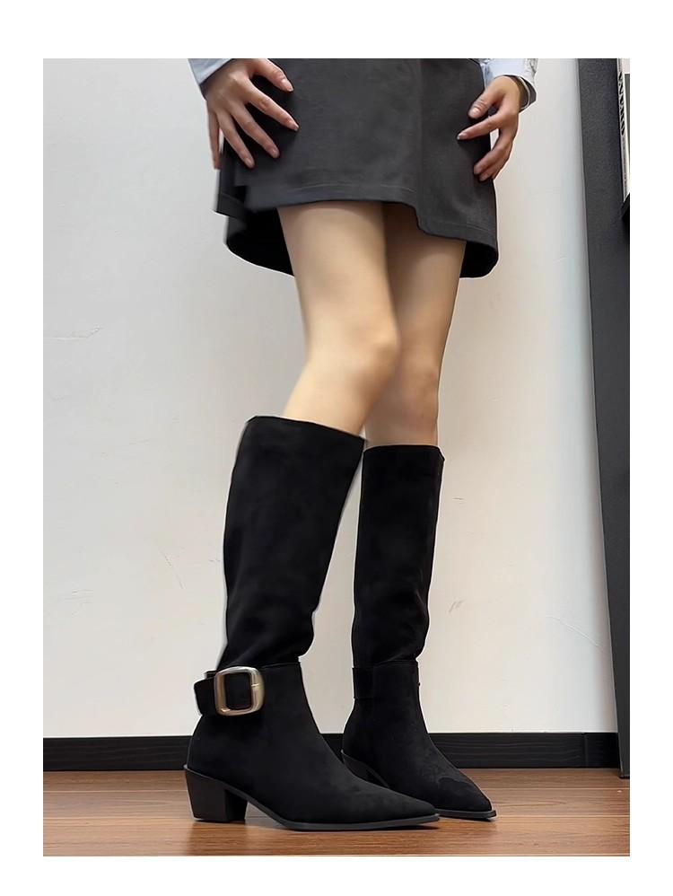 Pointed boots children but knee boots 2025 new versatile thick heel fashion suede pleated pile knight boots