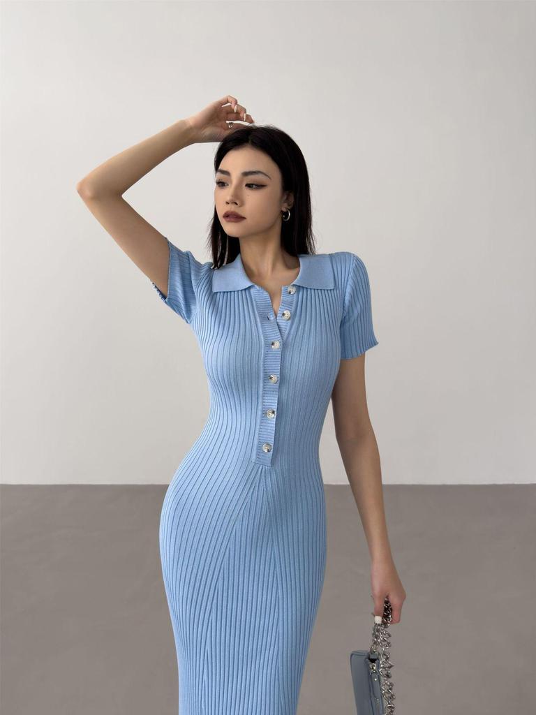 Royal Style Knitted Fishtail Dress: Women's Slim Polo, Short-Sleeve, Autumn/Summer