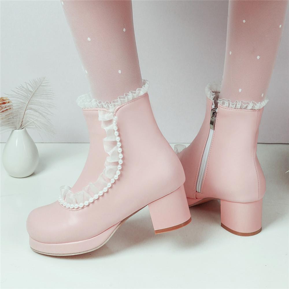 Fashion Ladies Ankle Boots Women Shoes Sweet Lace String Bead Lolita Lovely Cosplay Platform Girls Mid Heels Booties Woman Pink White