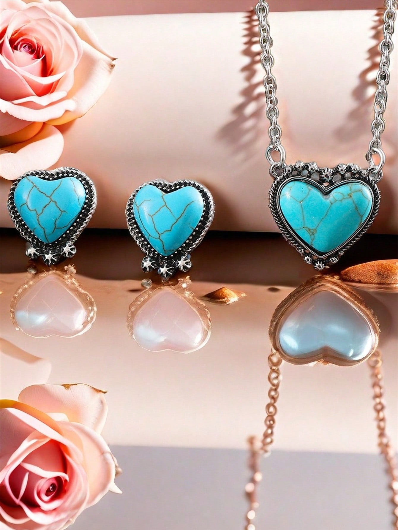 

Набор украшений в западном богемном стиле с бирюзовыми сердечками, винтажное колье и серьги для женщин, уникальный подарок на День святого Валентина для
