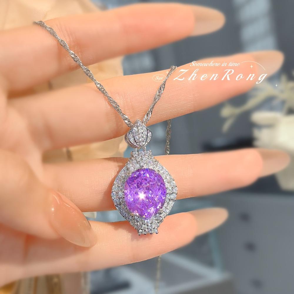 

Elegant Purple Ice Cut Pendant Necklace Women Luxe New Chinese Jade Pot Design Radiant Jewelry