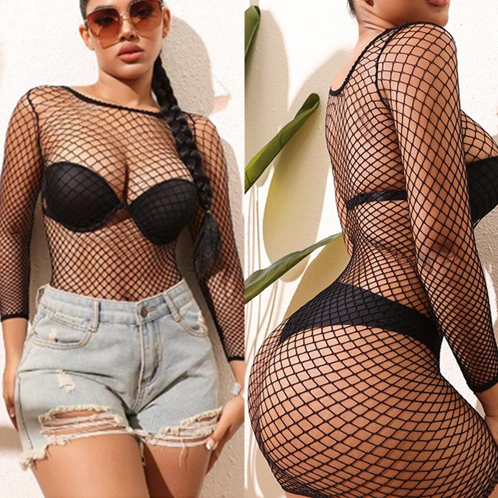Y2K Beach Wear Mesh Colors Dress Hollow Out Fishnet Hip Skirt Night Dress Women Sheer Sexy Lingerie See Through Mesh Nightwear