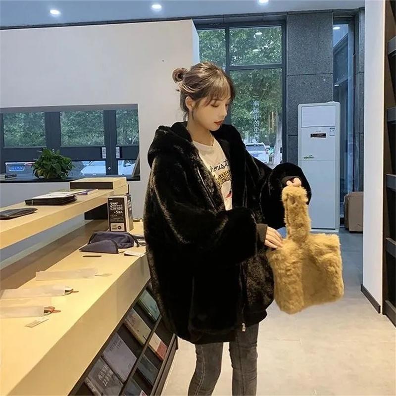 Kožich Hrubý Podzimní a Zimní Jehněčí Plyš Dámský Norkový Kabát Střední délky Módní