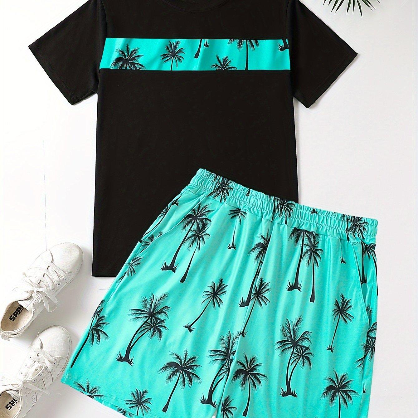 

Мужской комплект из 2 предметов с изображением тропической пальмы — удобная футболка с круглым вырезом и спортивные штаны на шнурке, идеально подходят для летней повседневной одежды XXL