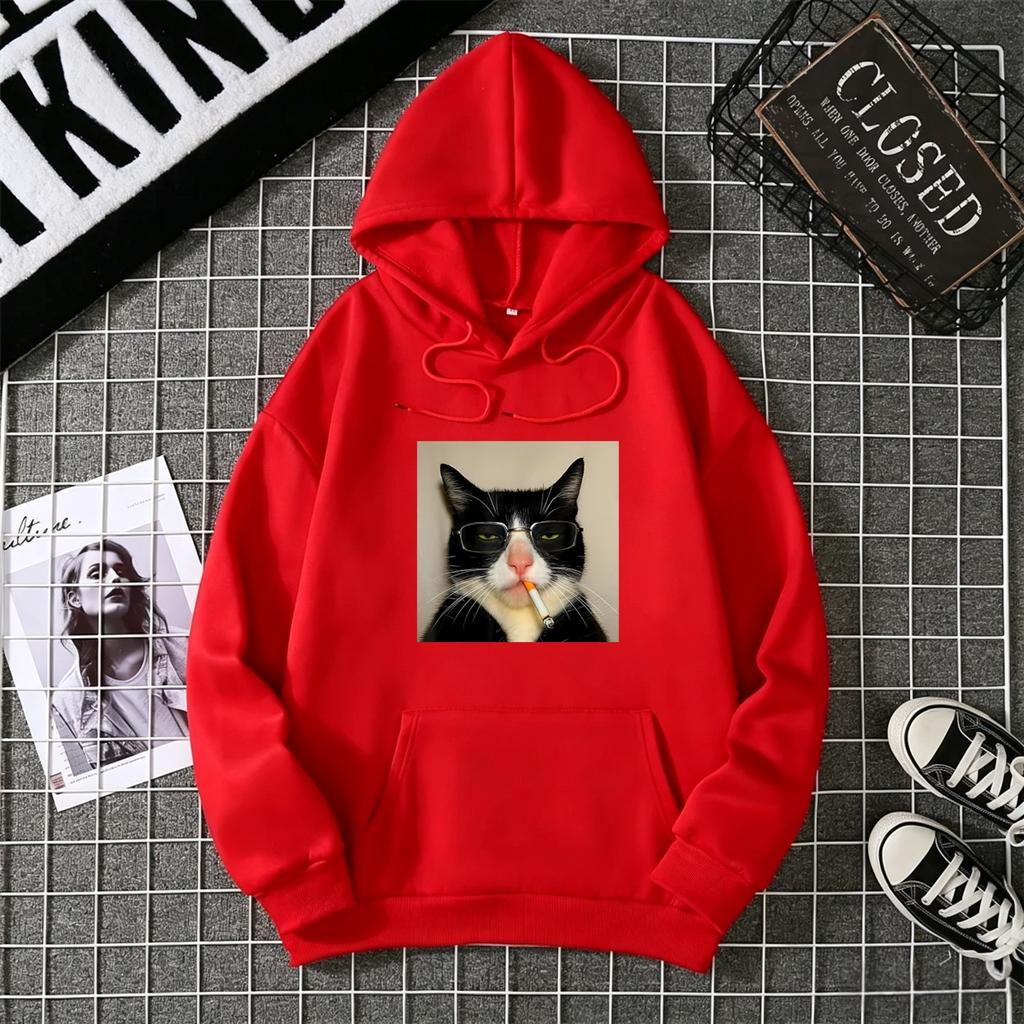 Aesthetic Meme Cool Tuxedo Cat Graphic Front Print Hoodie Loose Oversized Casual Pink Streetwear Sweatshirt For Men Women