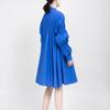 Johnature Fashion Streetwear Blue Pleated Loose Irregular Dresses Women Autumn O-neck Solid Color Dress