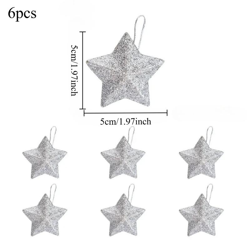 6pcs Glitter Golden Silver Star Christmas Ornament Star Embellishments Pendants for Xmas Tree Hanging Christmas Party Decoration