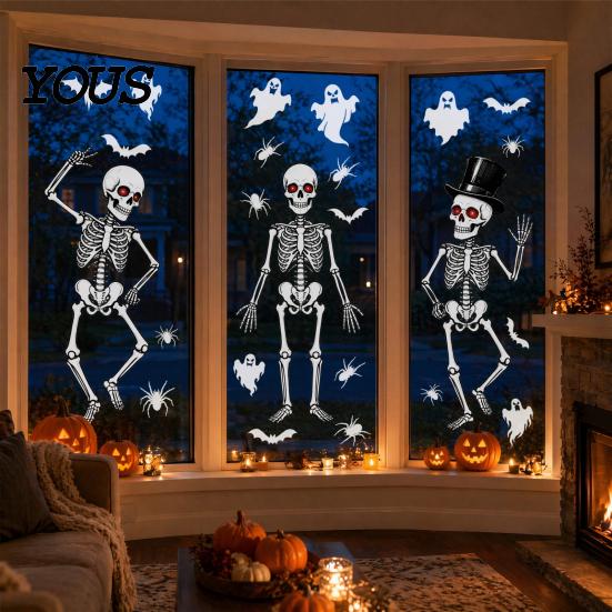 Thick PVC Window Sticker 3Pcs Halloween Skeleton Glass Stickers, Waterproof Clings, Static Decals, Wear-resistant Cling Removable Stickers