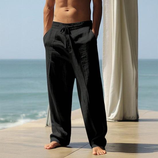 Men Casual Pants Drawstring Waist Pants Loose Fit Straight Leg Summer Trousers for Yoga Holiday Beach