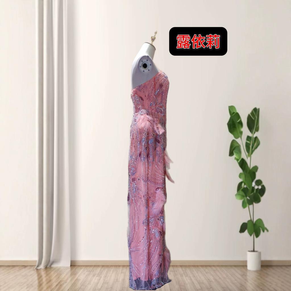 European and American heavy industry beads sexy shoulder feather hip wrap party dinner evening dress dress