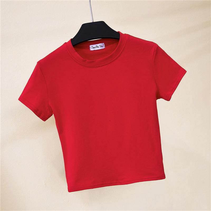 Women's High Neck Short Sleeve Crop Top - Summer Solid Color Sporty Belly Button Revealing Undershirt