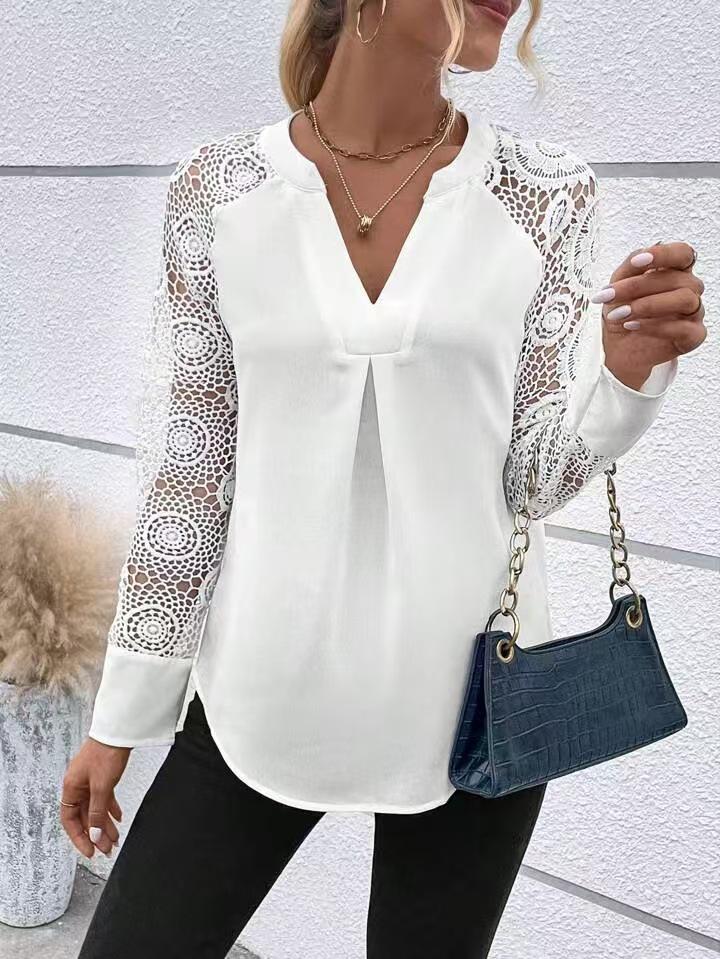 Women's White Lace V-Neck Long Sleeve Ruffle Blouse for Spring and Autumn