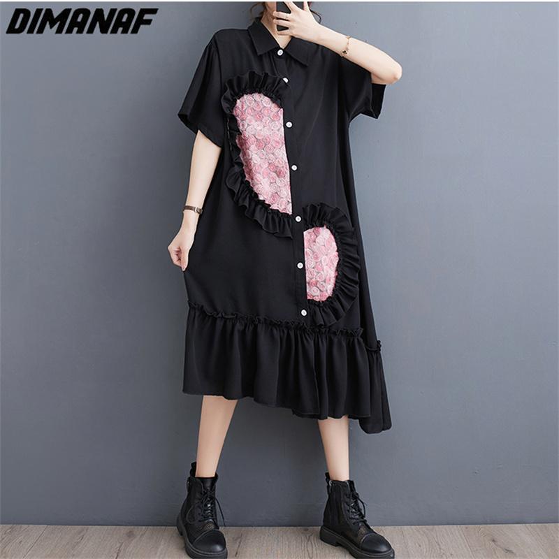 

DIMANAF платье-рубашка больших размеров женское длинное летнее стильное платье 2023 новое свободное кружевное платье с короткими рукавами и круглым вырезом с цветочным принтом новое большое