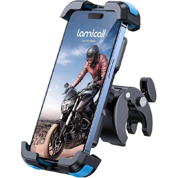 Lamicall Motorcycle Phone Mount, Bike Phone Holder - [Metal Lock] Upgrade Quick Install Handlebar Clip for Bicycle Scooter, Cell Phone Clamp for