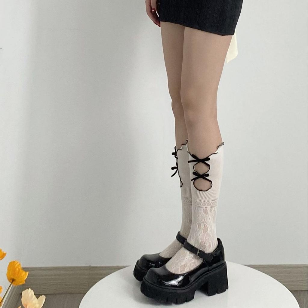 Hollow Lace Socks Lace Bow Personalized Stockings Summer Lolita Calf Socks Can Be Sweet and Salt JK Medium Tube Socks
