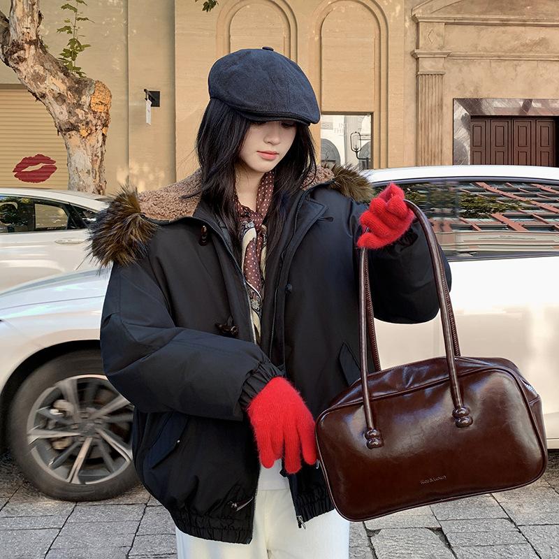 

Horns Buckle Big Fur Collar Hooded Cotton-padded Jacket Women s Short Workwear Parkas S чёрный