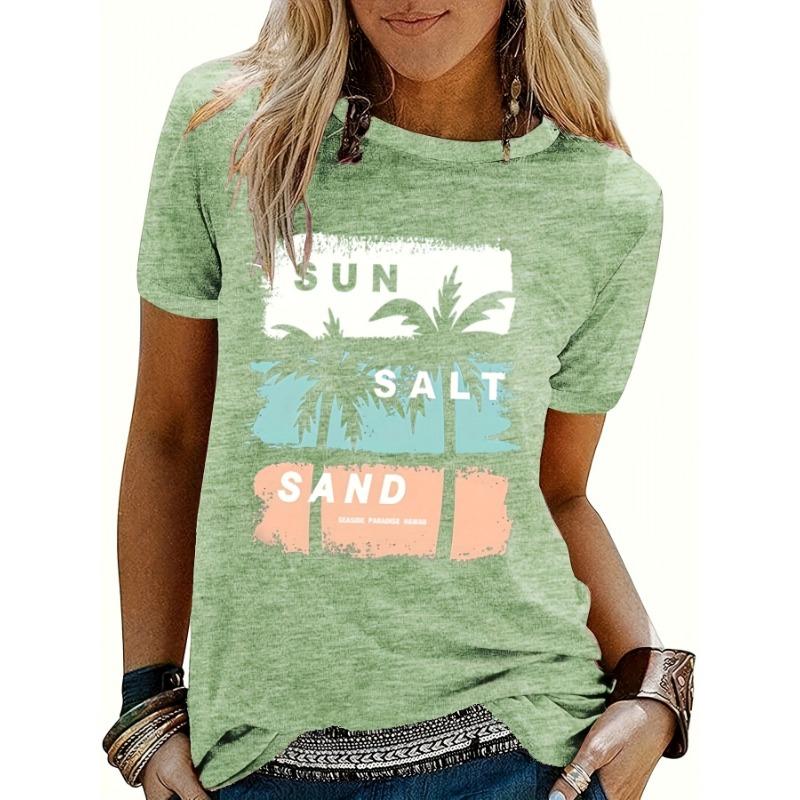 Beach coconut tree pattern printed women's round neck short-sleeved T-shirt, spring and summer casual printed short-sleeved tops for women