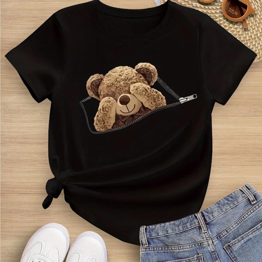 Kreskówkowy Kot i Niedźwiedź Graficzny Nadruk Kreatywne T-shirty Wygodny Okrągły Dekolt Krótki Rękaw T-shirt Odzież Dziecięca Letnie Bluzki Dziewczęce