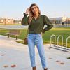 Women's Corduroy V-Neck Long Sleeve Button Front Blouse with Puff Sleeves, Ruffle Trim and Loose Fit