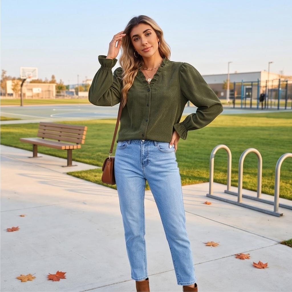 Women's Corduroy V-Neck Long Sleeve Button Front Blouse with Puff Sleeves, Ruffle Trim and Loose Fit