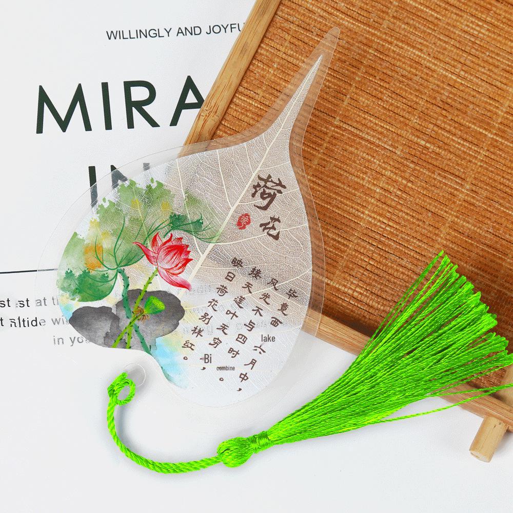 Chinese Bodhi Leaf Bookmark: Floral Ink Wash Style with Peach Blossom, Peony, and Lotus