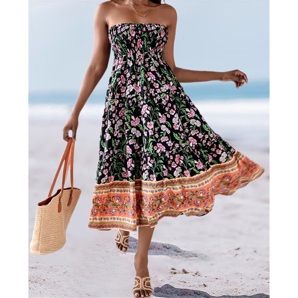 Sommer Neu Böhmischer Urlaubsstil Mehrfarbiger Druck Süßes Bustierkleid Große Schwingkleider für Frauen