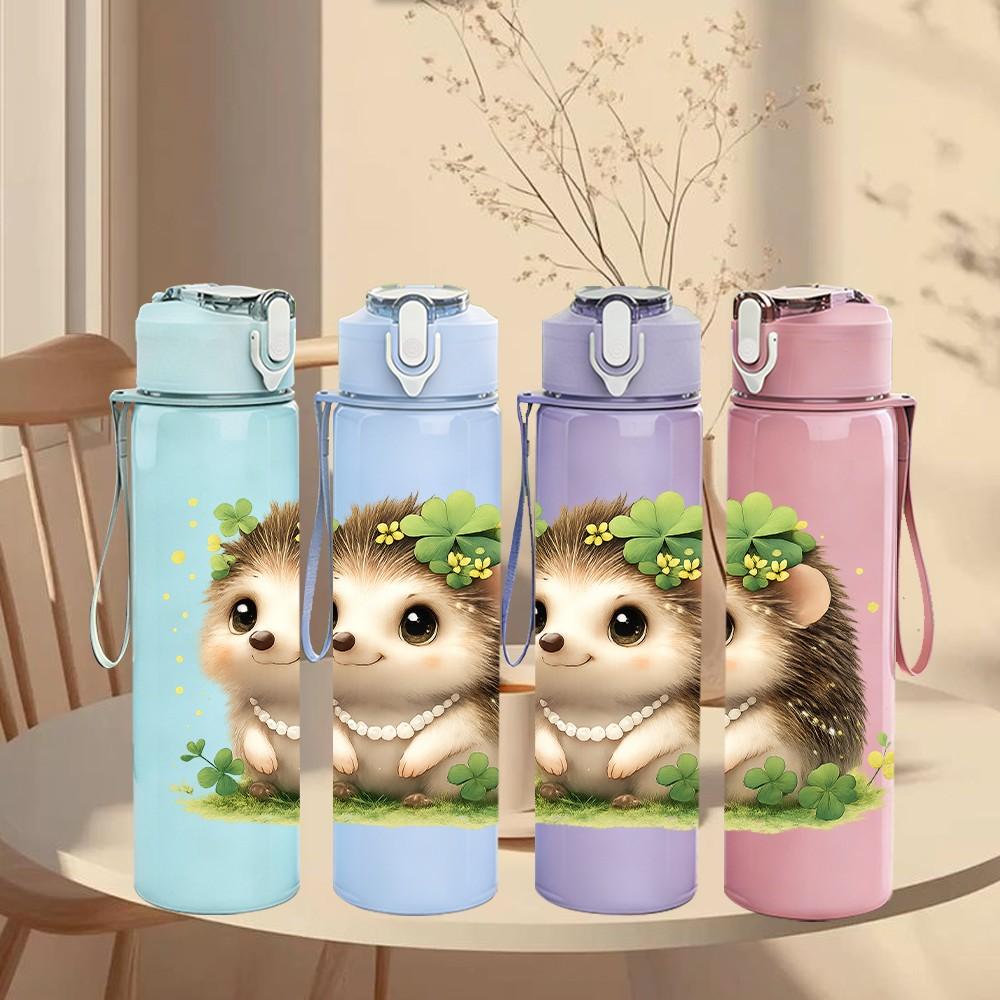 1PC Leaf Top Cute Hedgehog 750ml Color Plastic Sports Water Bottle Leakproof Flip Straw Lid Suitable for Sports Office Home Use