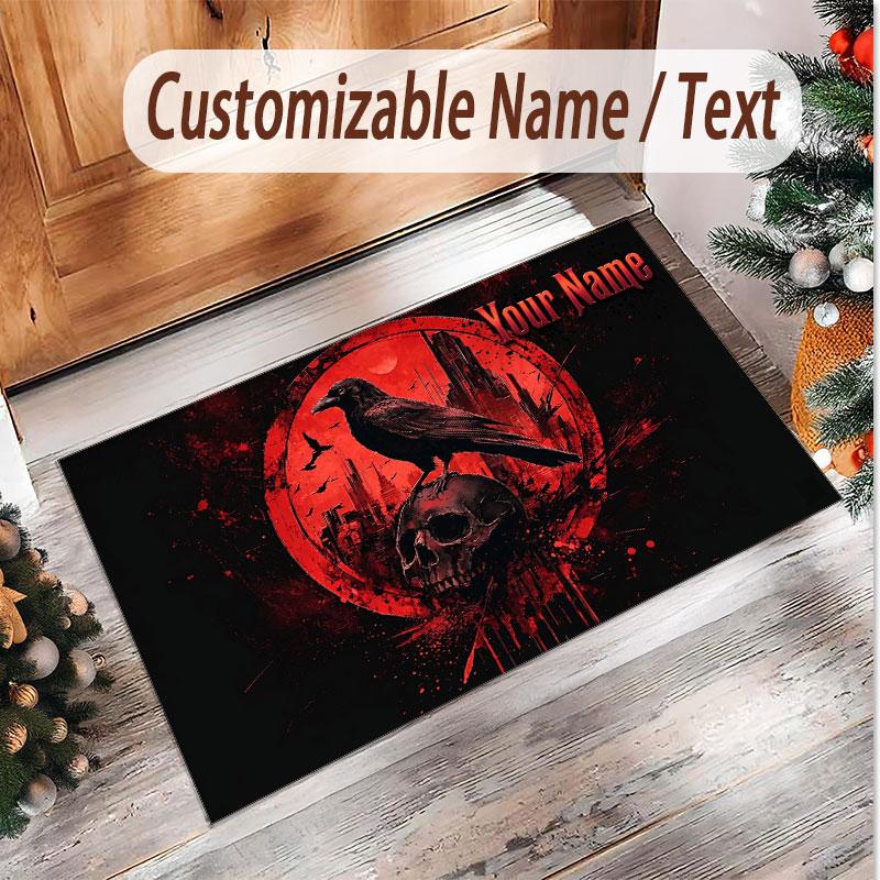 Totenkopf Gothic Thema Weicher Kristall-Samt Teppich Benutzerdefinierter Name & Text Druck Rutschfester Boden Teppich für Schlafzimmer Wohnzimmer