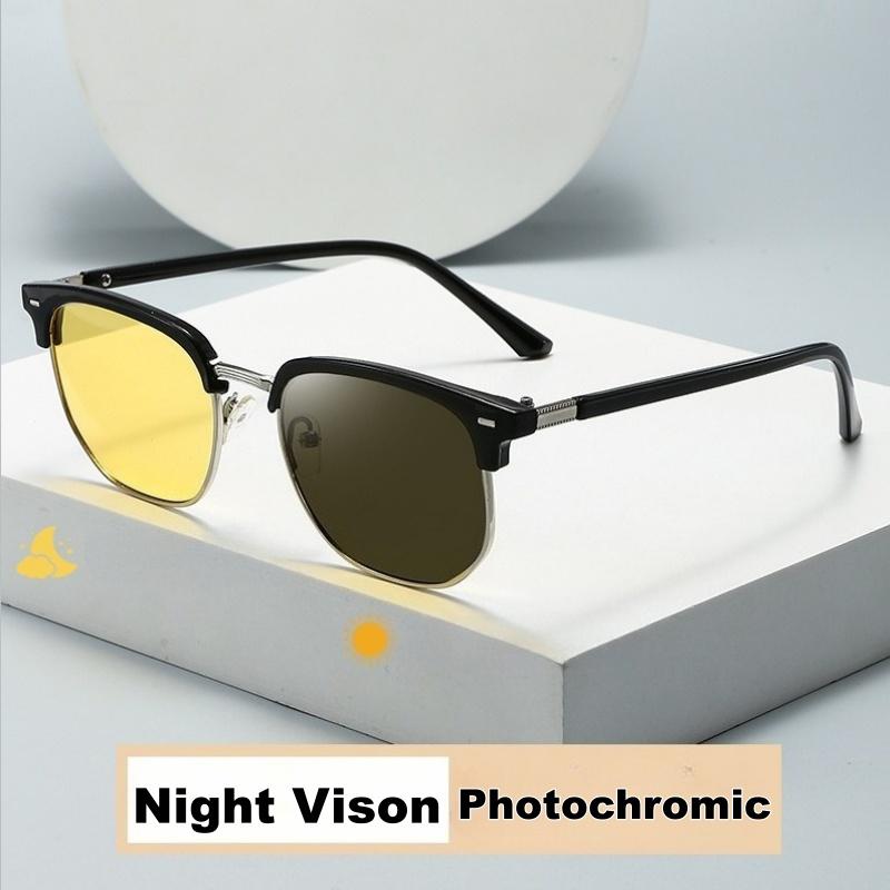 Photochromic Night Vision Glasses Day-and-Night Metal Half-frame UV-Protective Eyewear Anti-Glare Driving Glasses for Drivers