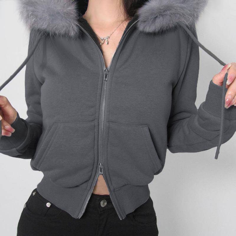 Gotické tmavé streetwearové mikiny s kapucňou, golier z umelej kožušiny, bundy s kapucňou na dvojitý zips, dámske ležérne vreckové gotické bundy Y2K Grunge jesenný kardigán
