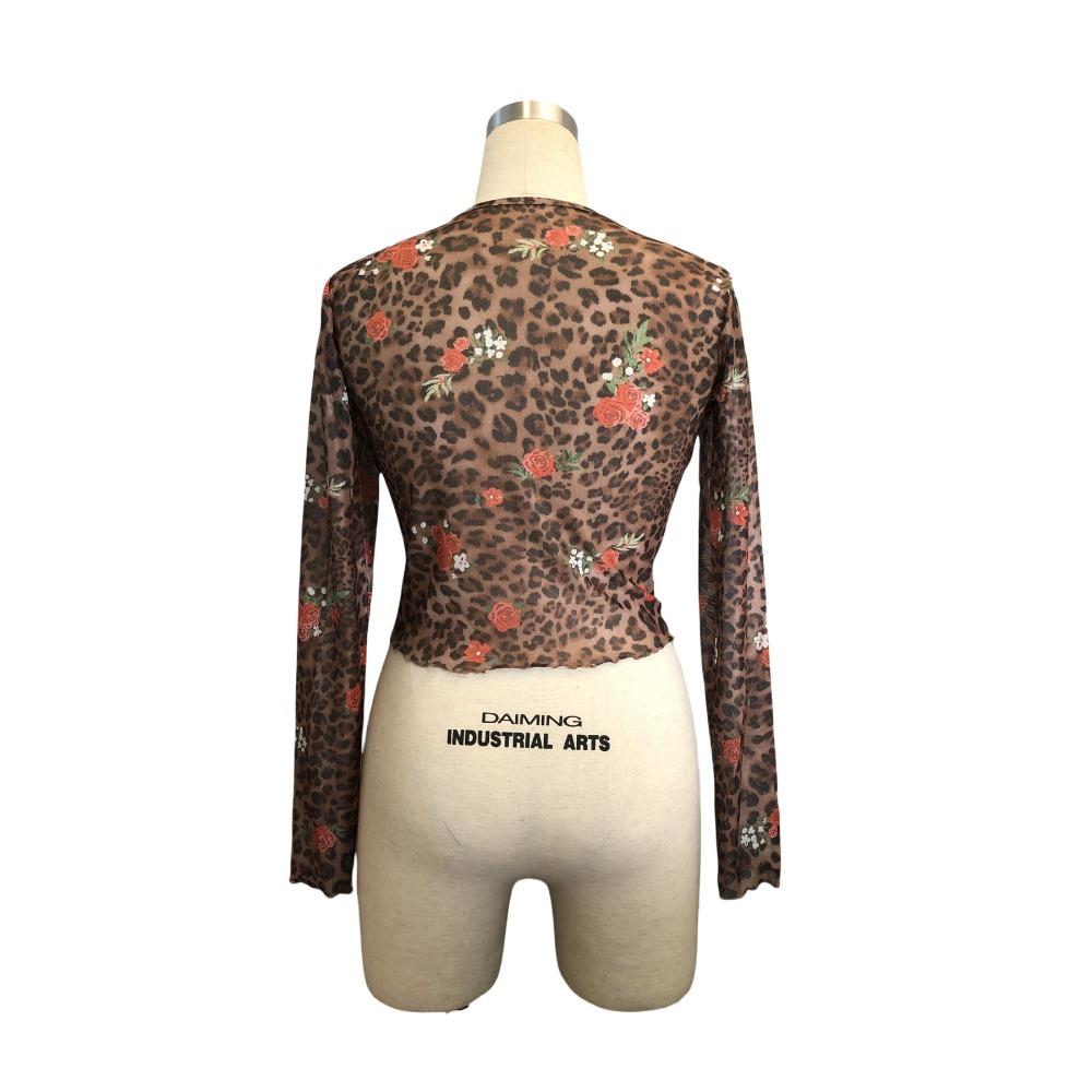Spring Summer Ladies Leopard Floral Print Mesh Round Neck Short Long Sleeve T-Shirt