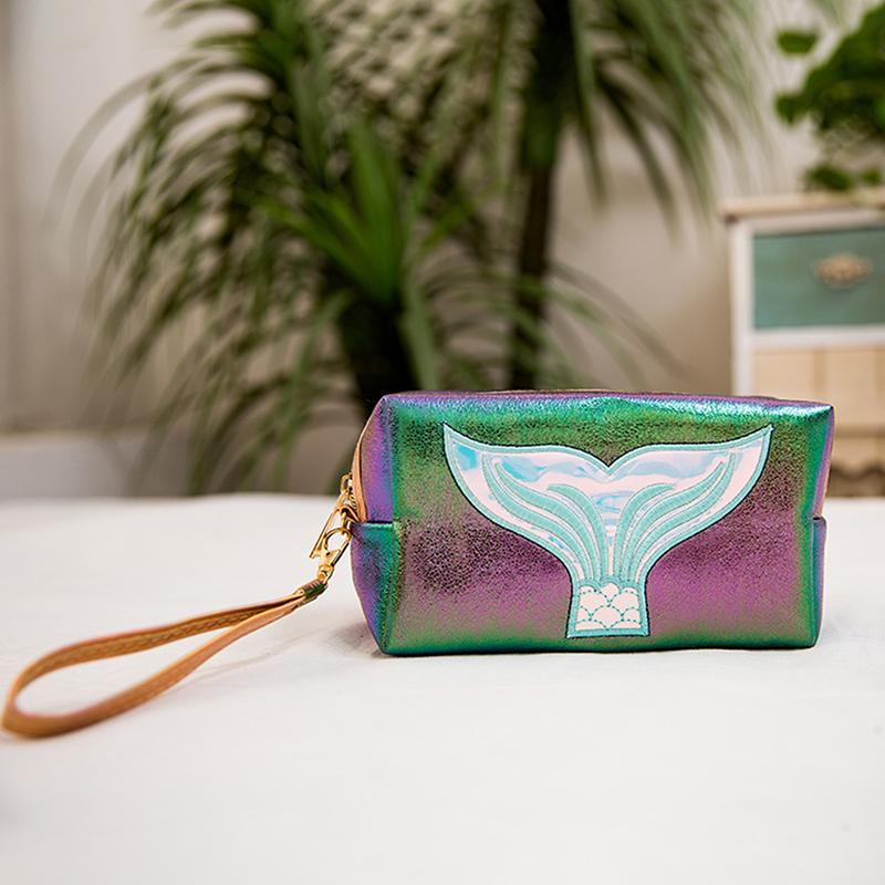 Syreni Ogon Kosmetyczka Laserowy Kolor Podróżna Kosmetyczka Organizer z Paskiem na Nadgarstek Śliczna Kreatywna Laserowa Saszetka Podróżna Pu Dla Dziewcząt