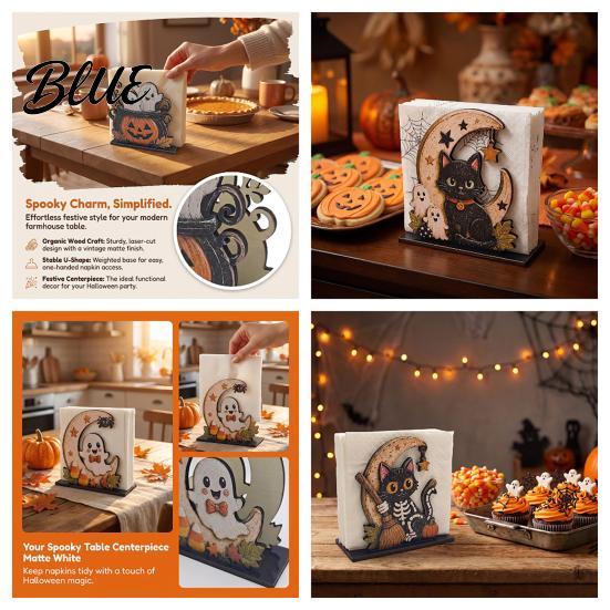 Halloween Themed Table Decor Wood Napkin Holder Vintage Rustic Dispenser Organizer Spooky Ghost Black Cat Kitchen Organizer Boo Tissue Stand