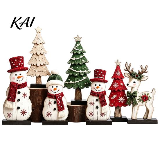 Christmas Gift for Friends 7Pcs Snowman Tree Reindeer Figurines, 2D Wooden Tiered Tray Retro Style Festive Crafts Decor, Rustic Farmhouse Tabletop