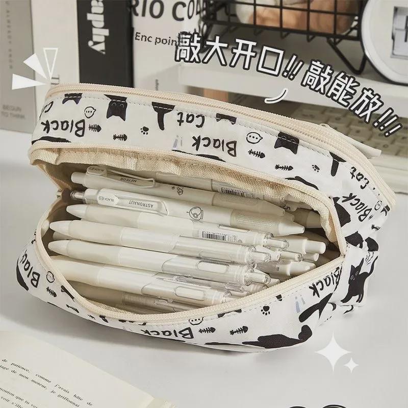 "Transparent Black Cat Pencil Case - Large Capacity, Multi-layer, Student Stationery Bag"