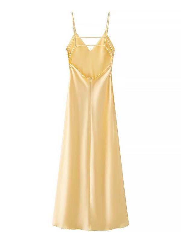 Sexy Backless Satin Yellow  Dress