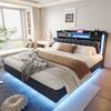 Polsterbett 160*200 mit LED-Beleuchtung und USB-Steckdose, Kopfteil mit Stauraum, Schwebendes Bett Jugendbett Erwachsenenbett, Leinenstoff, Grau