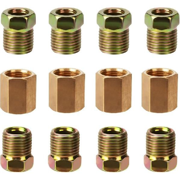 1/4 Zoll Bremsleitungsdruckverschraubungen, 12 Stück 7/16 Zoll-24 Gewinde Messing Bremsleitungsverschraubungs-Sortiment Für 1/4 Zoll Bremsleitungsrohr (4 Muttern, 8 Schrauben)