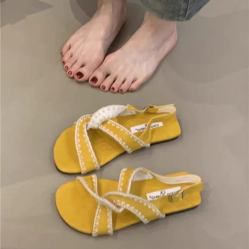 

Новинка лета 2025, универсальные сандалии на плоской подошве с ремешком из одного слова, ретро, на платформе, женские, для путешествий, пляжные, римские туфли 35
