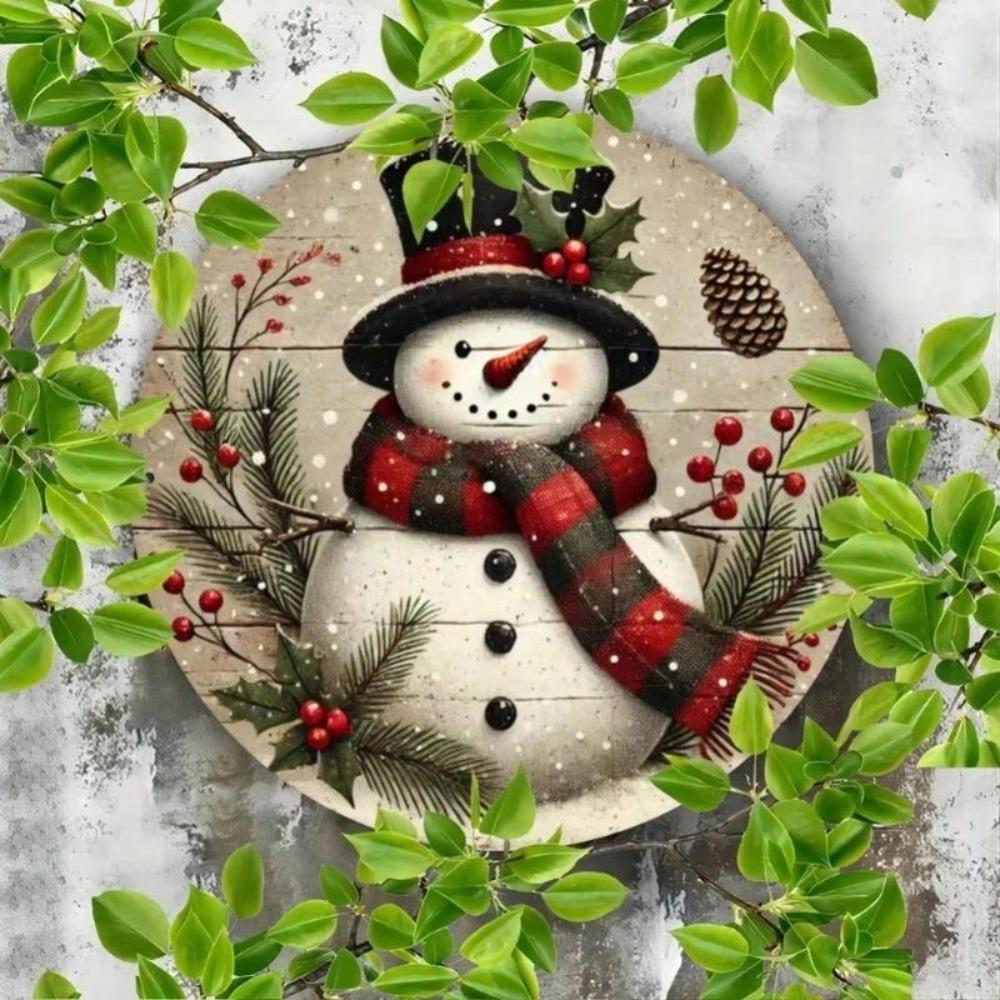 Christmas Snowman Metal Wall Art Round Sign Cottage Decor Gift
