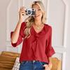 Women Shirt V-Neck Half Sleeve Ruffle Trim Pullover Tops Pure Color Regular Fit Casual Shirt Tops Work Party Vacation Wear