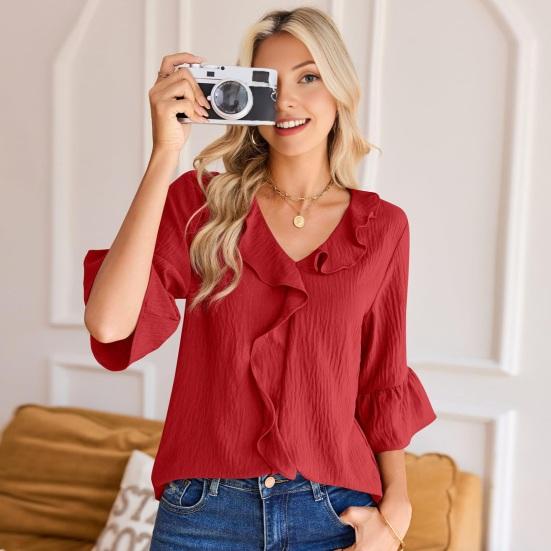 Women Shirt V-Neck Half Sleeve Ruffle Trim Pullover Tops Pure Color Regular Fit Casual Shirt Tops Work Party Vacation Wear
