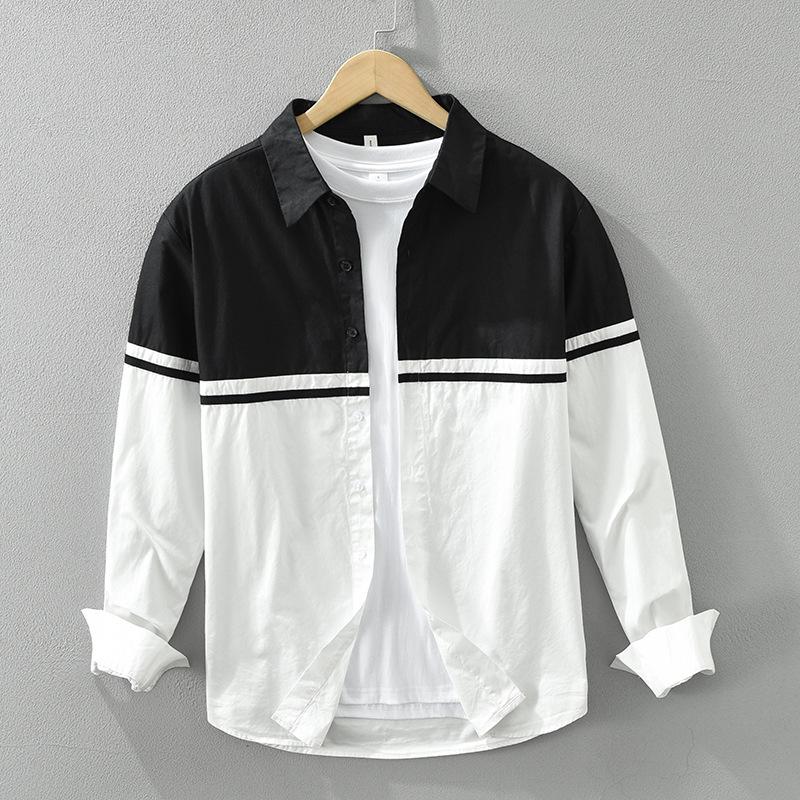 Frühling und Sommer Herren Langarmhemden Reine Baumwolle Freizeit-Top Koreanische Version Reverskragen Patchwork-Hemd Jugend Beliebt Herrenbekleidung