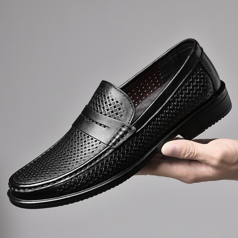 New Business Loafers Men Mocassin Genuine Leather Flats Casual Shoes Slip-On Walking Shoes Hollow Out Italian Luxury Penny Shoes